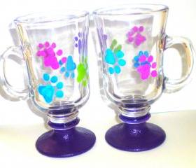 Irish Coffee Mug - Glass - Handpainted - Set of 2 - Pawprints - Puppy Paw Prints - Made to Order